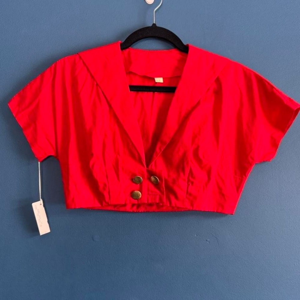 Vintage Sailor Crop Top Women's Size XS‎ Red Button Collar Blouse Retro Twee